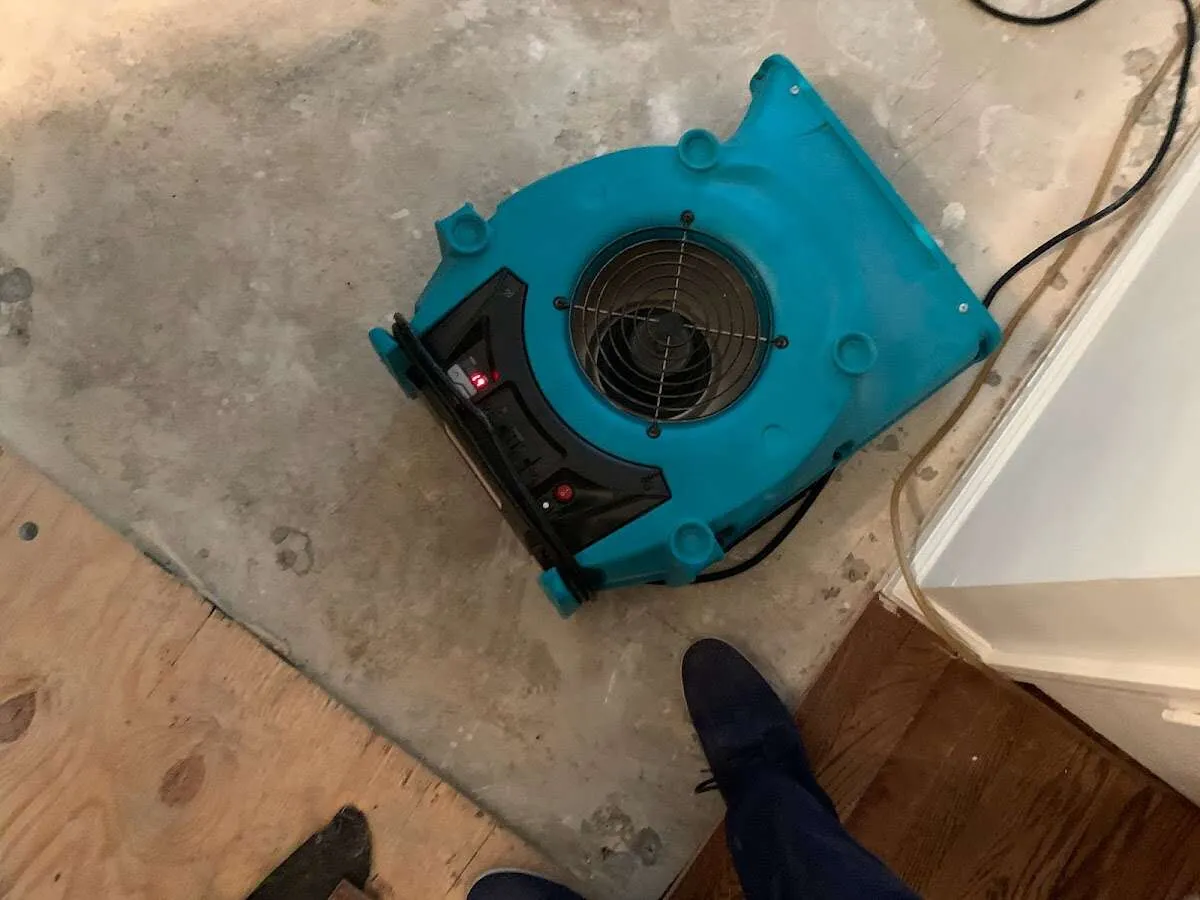 Air mover drying subfloor during Commercial Water Damage Restoration in Chippewa